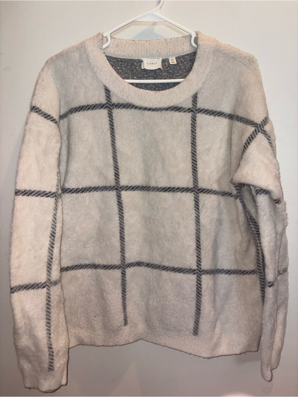 Cyrus Cream Crewneck Sweater with Gray Windowpane Plaid